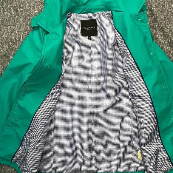 Talbots Petites Green Hooded Rain Jacket Coat Full Zip Pockets Lined - Picture 2 of 3